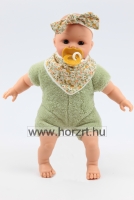 Csecsemő baba - zöld ruhában, kopasz, 26 cm 24 hó+